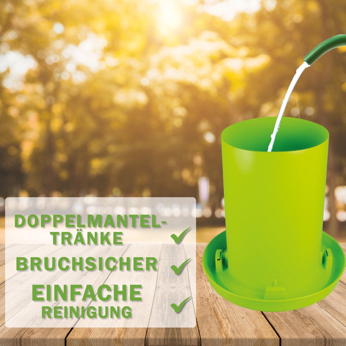 MyHens Dubbelwandige drinkbak 12 liter groen - eenvoudig te vullen waterdrinkbak van breukvast kunststof met bajonetsluiting