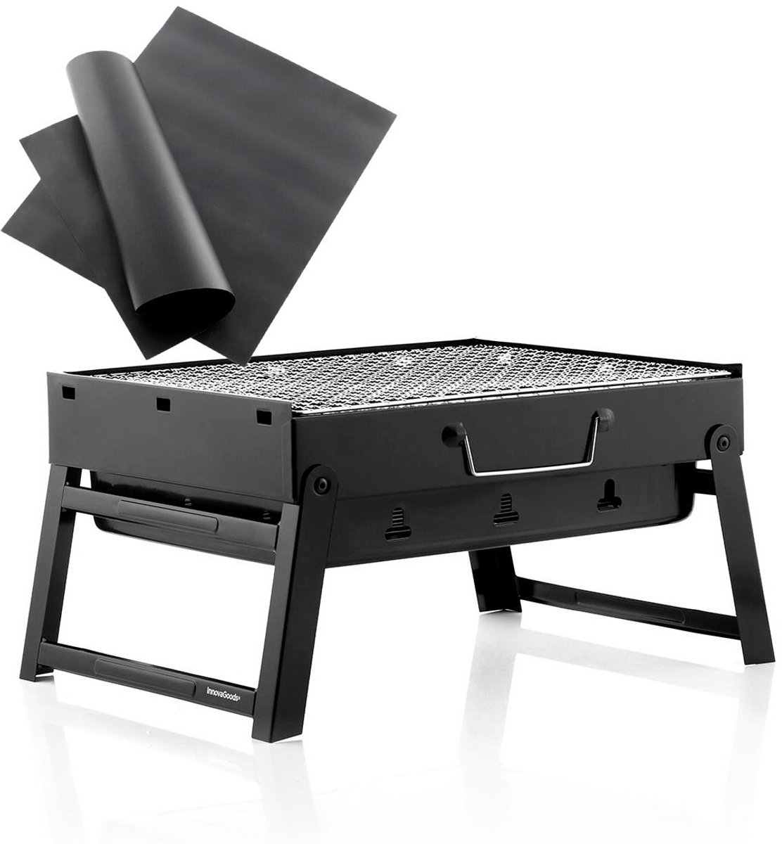 Pack 2 bakmatten voor oven of barbecue en draagbare opvouwbare houtskoolbarbecue InnovaGoods