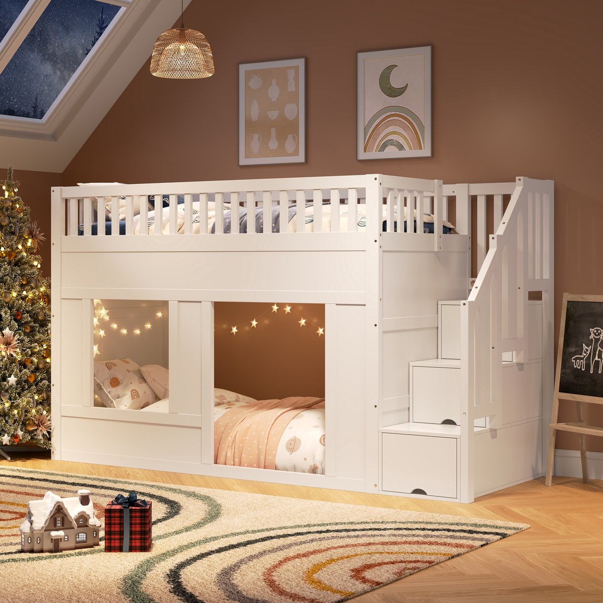 Clruro Kinderbed - 90x200 cm - Hoogslaper Met Opbergtrap En Speelruimte Onder - Hout - Wit