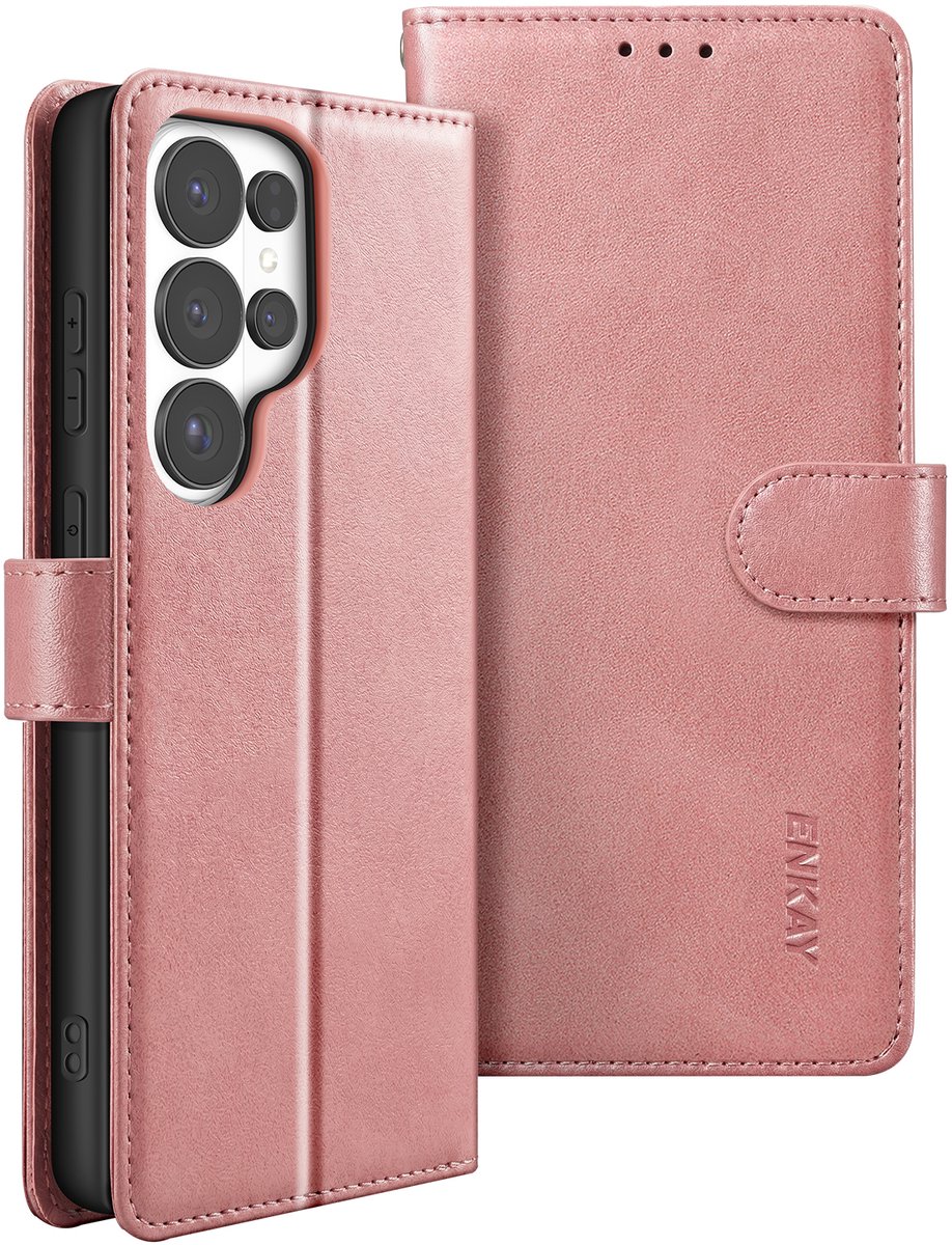 ENKAY, Portemonneehoesje Geschikt voor Samsung Galaxy S26 Ultra met Gehard Glas en Polsband, Roze