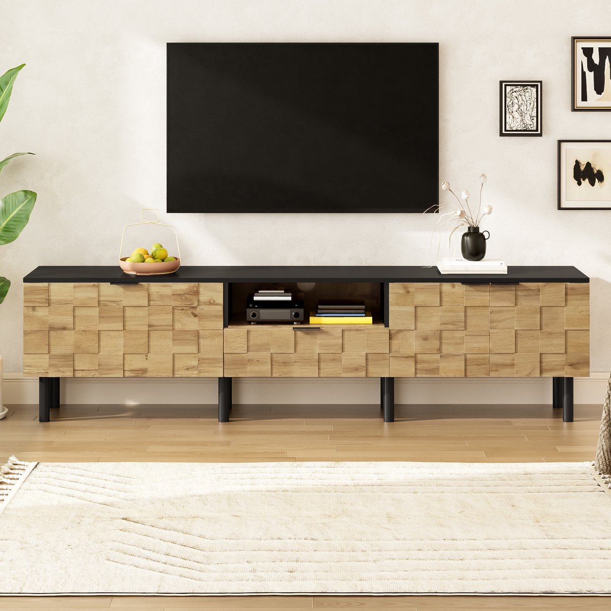 MODFU Tv-Meubel - Mozaïekdeuren - Open Vak En Lade - Voor Woonkamer - Spaanplaat En Metalen Poten - Naturel En Zwart - 170 X 35 X 44,5 Cm Natuurlijk