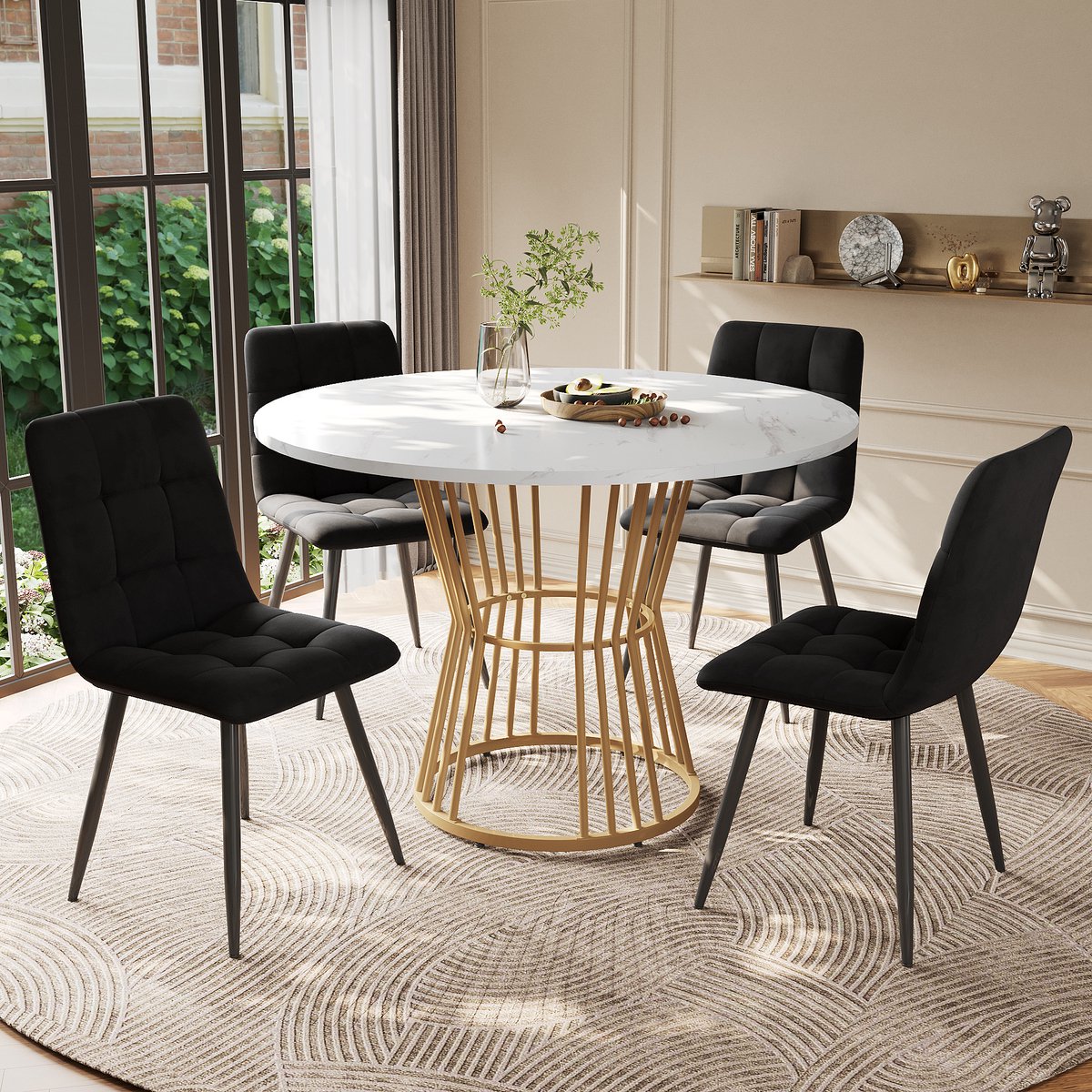 Eettafelset - Ø100 cm - Ronde Tafel + 4 Stoelen - Modern Keuken Set - MDF + Metaal - Zwart