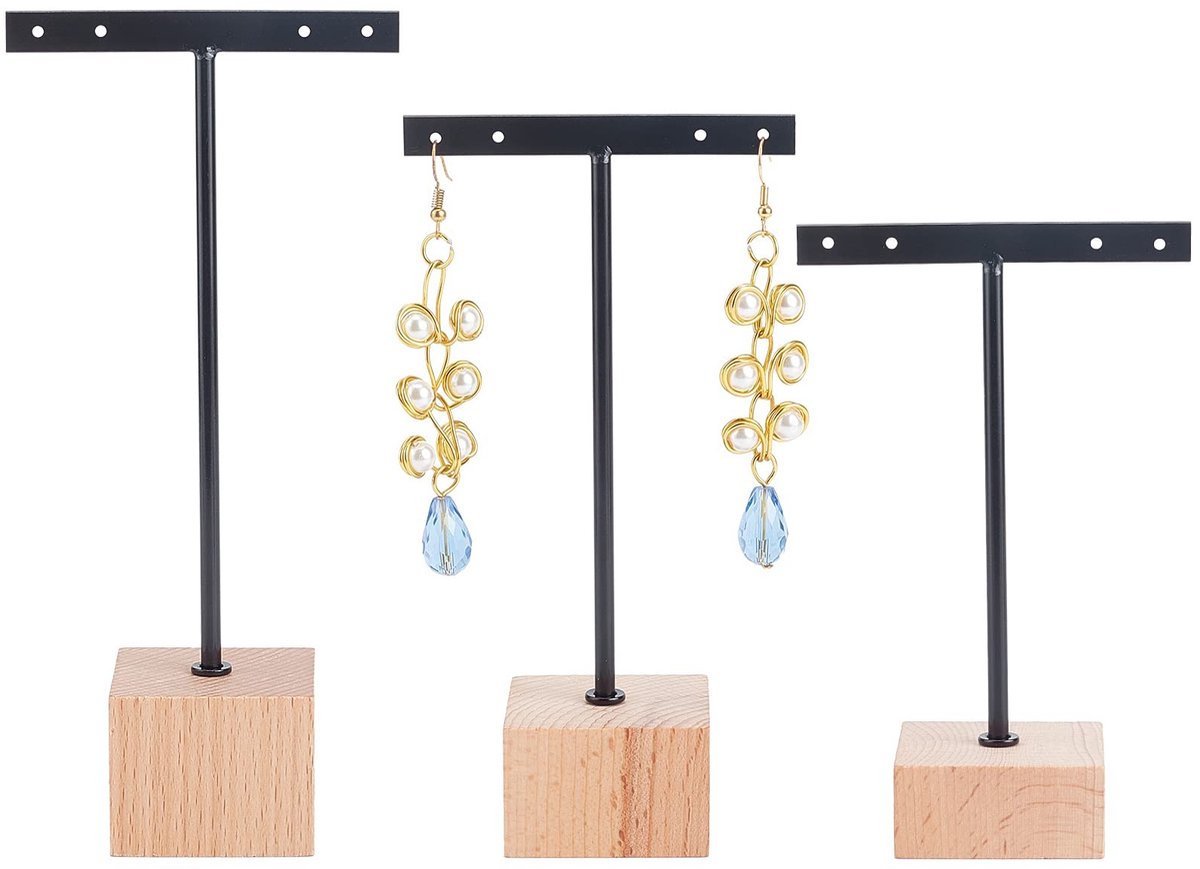 Vlemico - Oorbelstandaard - T-vormige organizer - Zwart - Hangende oorbellen - Voor dames - 3-delige metalen houder