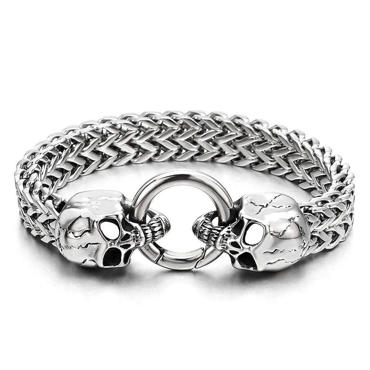 Elzusha - Biker Armband - Gotische Stijl - Roestvrij Staal - Zilver - Schedel Design - Perfect voor Heren - Luxe Sieradendoosje