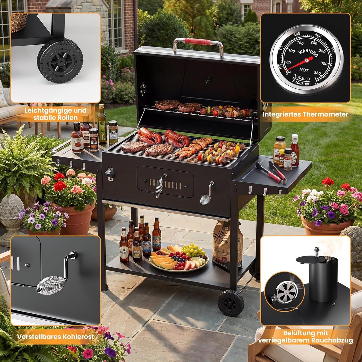 Houtskool BBQ Grillwagen XXL – Smoker & Rookoven Grill 71x43 cm met Gietijzeren Rooster, RVS Deksel, Thermometer, In Hoogte Verstelbare Kolenbak, Warmhoudrek & Zijhaken – Outdoor Tuin & Camping Barbecue – House&Garden XXL Smoker Grillwagen