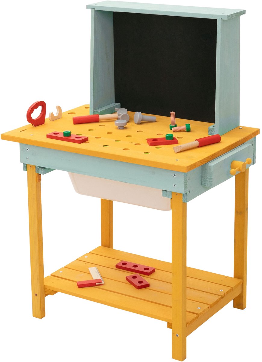 Kinderwerkbank voor buiten van massief dennenhout, kinderwerkbank met plank, modderkeuken en accessoires, weerbestendige kinderwerkbank voor gereedschap Joyz