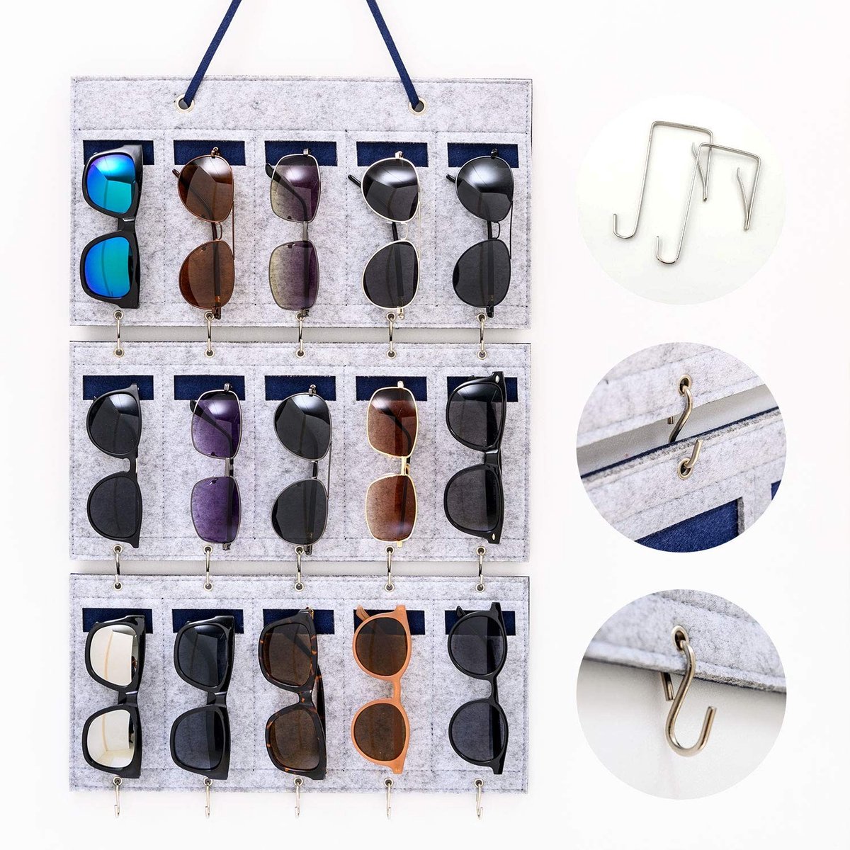 Livia home - Zonnebril Organizer - 15 Slots - Duurzaam Vilt - Grijs - Muur Pocket Hanger - Geschikt voor Brillen - Perfect voor Thuis en Kantoor