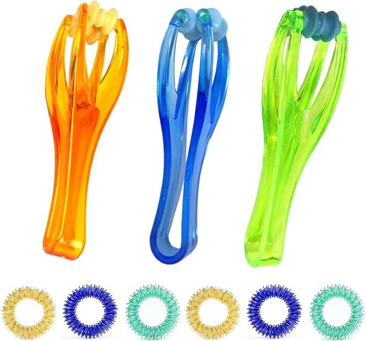 Set van 6 vingermassageringen en 3 handmassagerollers Geschikt voor acupunctuur- en meridianenmassage.