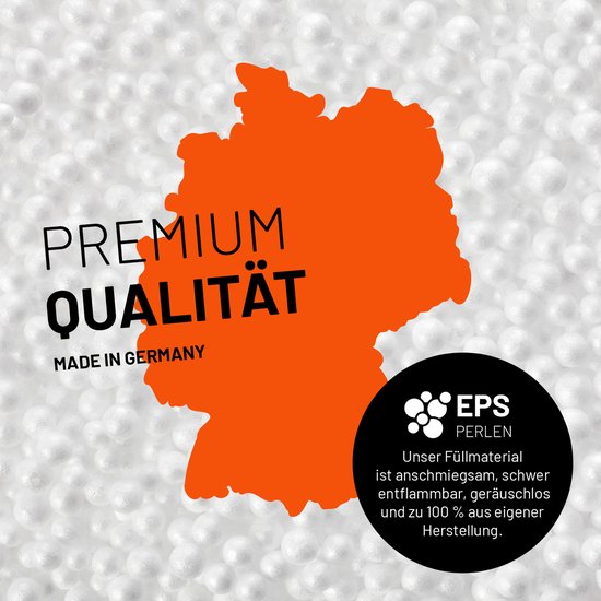 Grote parels als vulling, met 'Premium kwaliteit' en 'Made in Germany' in oranje op de kaart van Duitsland.