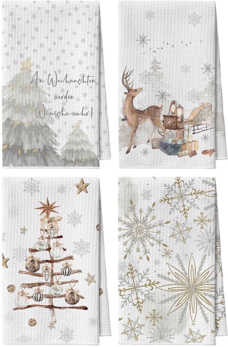 Dailygoods - Keukendoeken - Kerstmis - Set van 4 - Beige - Theedoeken - Perfect voor elke keuken - 42 x 65 cm