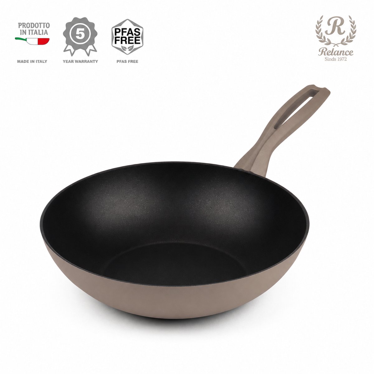 Relance ALVEA Wok pan 28 cm – PFAS-vrij – Keramische antiaanbaklaag – Inductie – Gerecycled aluminium – Met spatelhouder in de greep