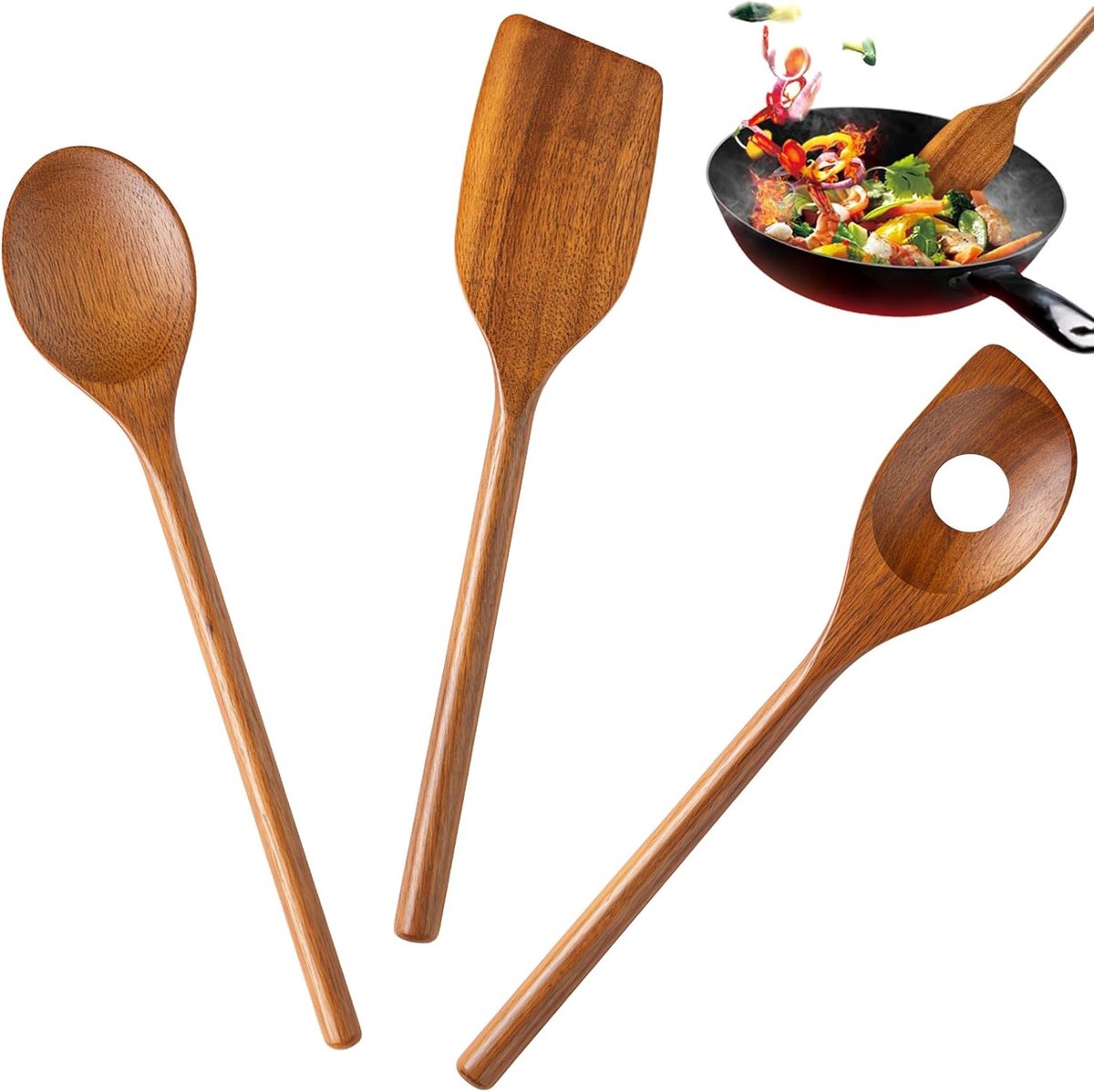 Set van 3 Houten Kooklepels voor Antiaanbakpannen en Klei Potten, Duurzaam en Antibacterie