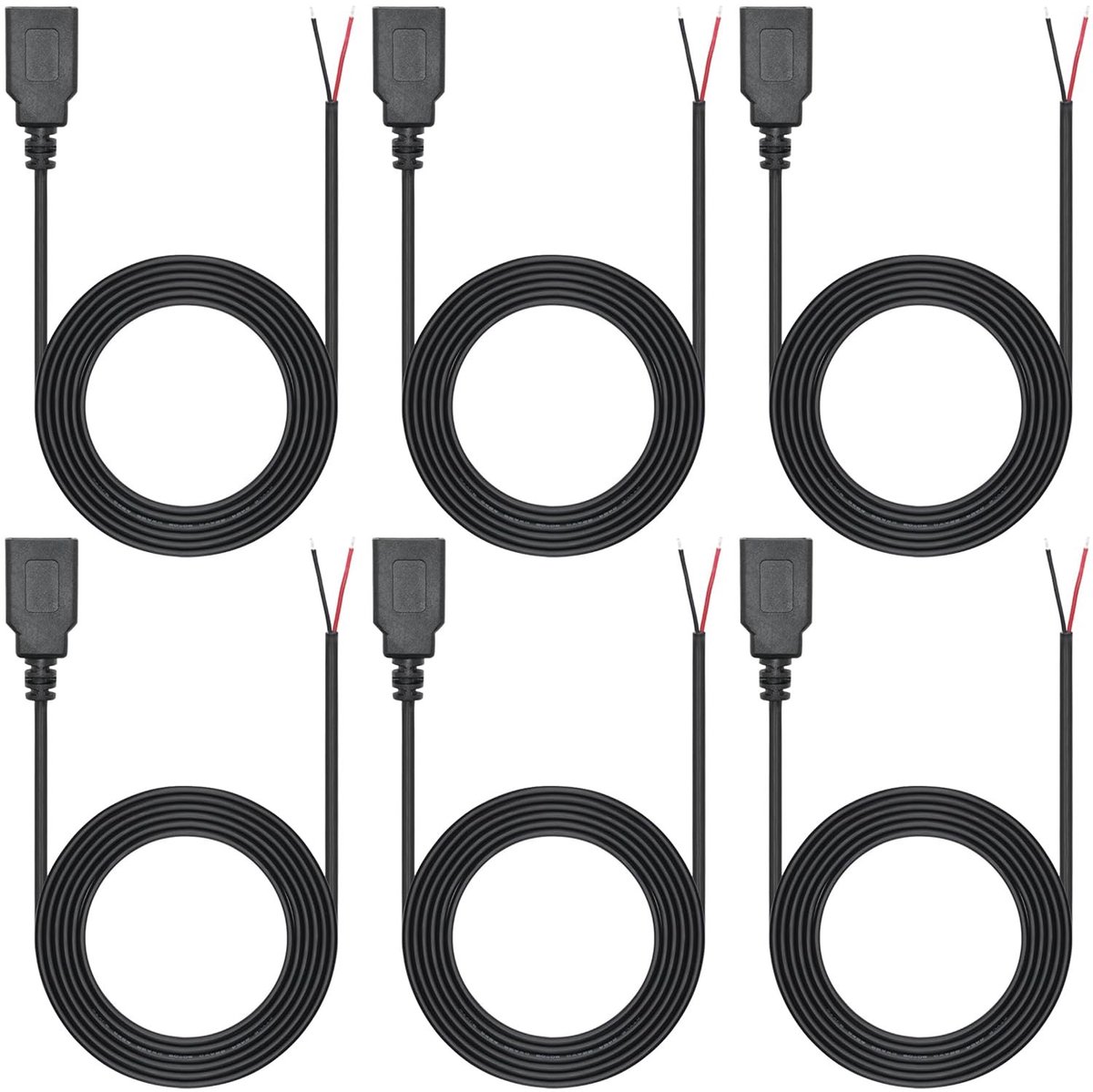 Dailygoods - USB kabel - 6-pack - 1 meter - 12V/3A - Pigtail - Bare wire - Connector voor elektronica - Geschikt voor diverse toepassingen