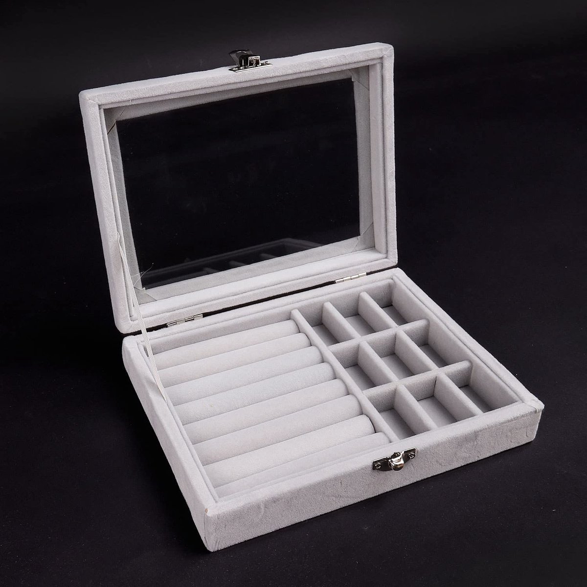 Dailygoody - Sieraden Display Houder - Houten Showcase - Met Fluwelen Vulling - Wit - Sieraden Organizer - Geschikt voor Dames - Rechthoekig