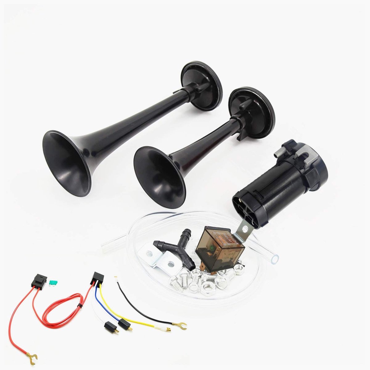 Dailygoods - Dailygoody - Lucht hoorn dubbele trompet - 135dB luidspreker - Compressor luchtpomp - Zwart - Dual tone geluid - Geschikt voor 12V voertuigen - Model ..