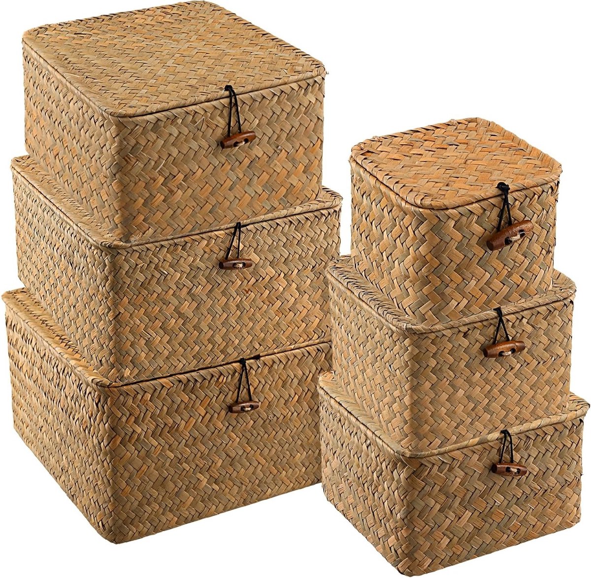 Set van 6 Handgeweven Opbergmanden met Deksel, Rectangulaire Wicker Mand voor Opslag en Huisdecoratie, Ideaal voor Organisatie en Interieurstyling