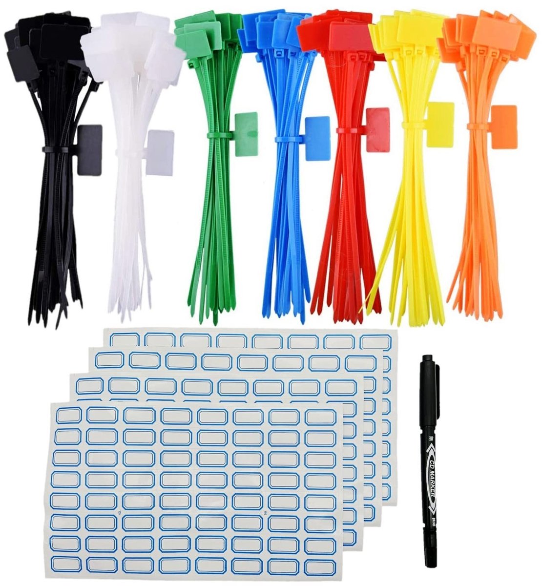 Dailygoods - Dailygoody - Kabelbeheer Set - Nylon Kabelbinders - Kleurgecodeerd en Eenvoudig te Organiseren - Blauw, Groen, Oranje, Wit - 256 Etiketten - Voor