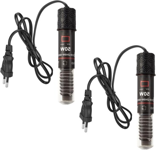Mini Aquarium Verwarmingsstaaf 50W - 2 Stuks Thermostaat voor Kleine Aquaria, Ideaal voor Zoet- en Zoutwater met 99 cm Voedingskabel