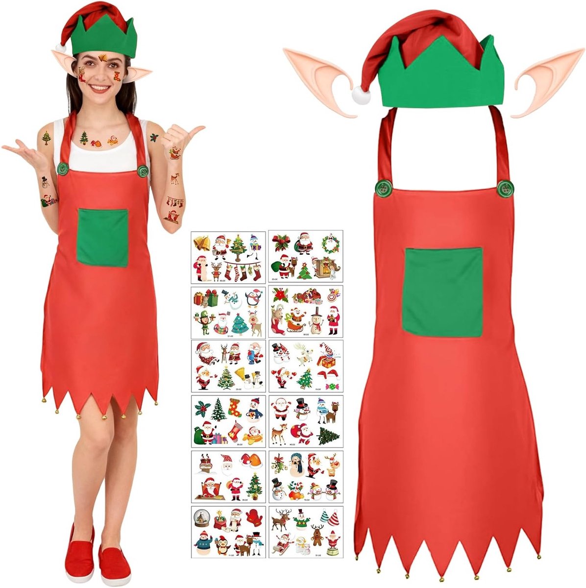 15-delige kerstkostuumset met elfhoed, tattoo stickers en kerstgnomenthema voor carnaval en feestdagen