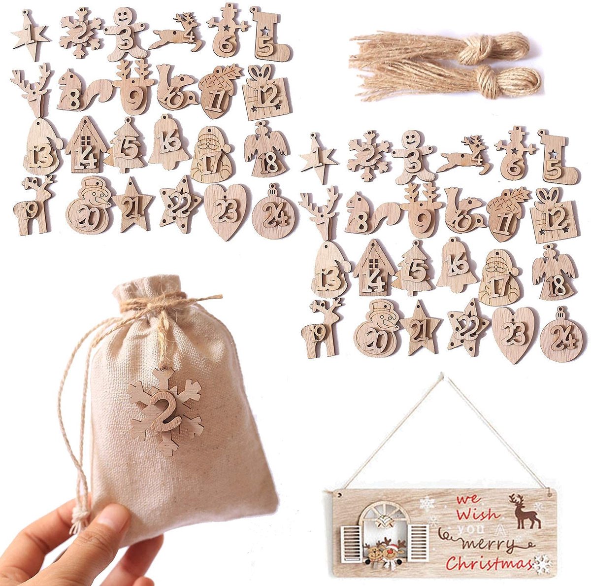 Dailygoods - Dailygoody - Adventskalender Cijfers Hout - Kerstknutselen - 48 Stuks - Nummer 1-24 - Houten Hangers voor Adventskalender - Geschikt voor Kerstmis - B...