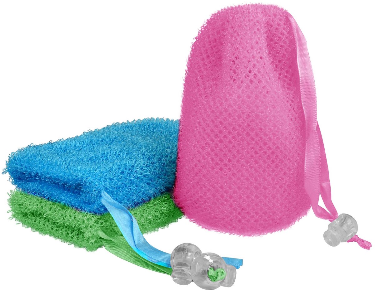 Dailygoods - Dailygoody - Zeepzak - Exfoliërend Zeepbesparend Zakje - Bodyscrubber - Veelkleurig - Massage en Exfoliatie - Perfect voor Baddouche - 3 Stks