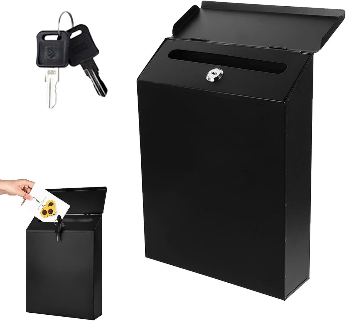 Roestvrijstalen brievenbus voor wandmontage, 29 x 22 x 6.5 cm, met slot en 2 sleutels, ideale brievenbox voor thuis, kantoor en tuin, gepersonaliseerde brievenbus in zwart