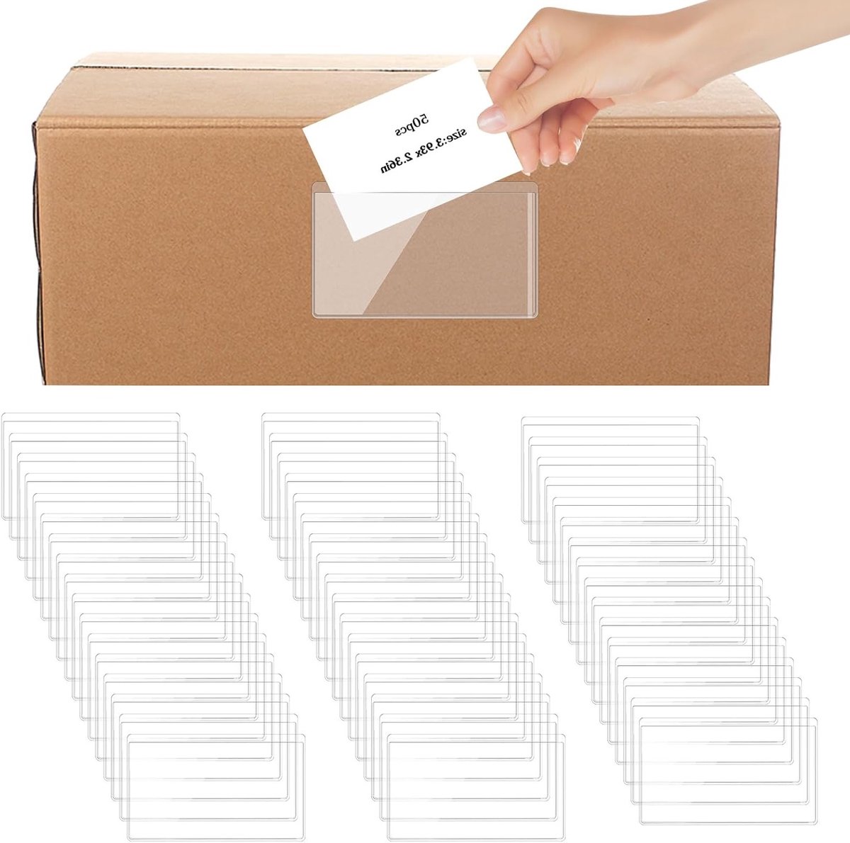 Set van 50 Zelfklevende Labelhouders voor Bedrijfskaarten, 10 x 6 cm, Transparant Plastic, Ideaal voor Opslag, Organisatie en Archivering in Kantoor en Bibliotheek