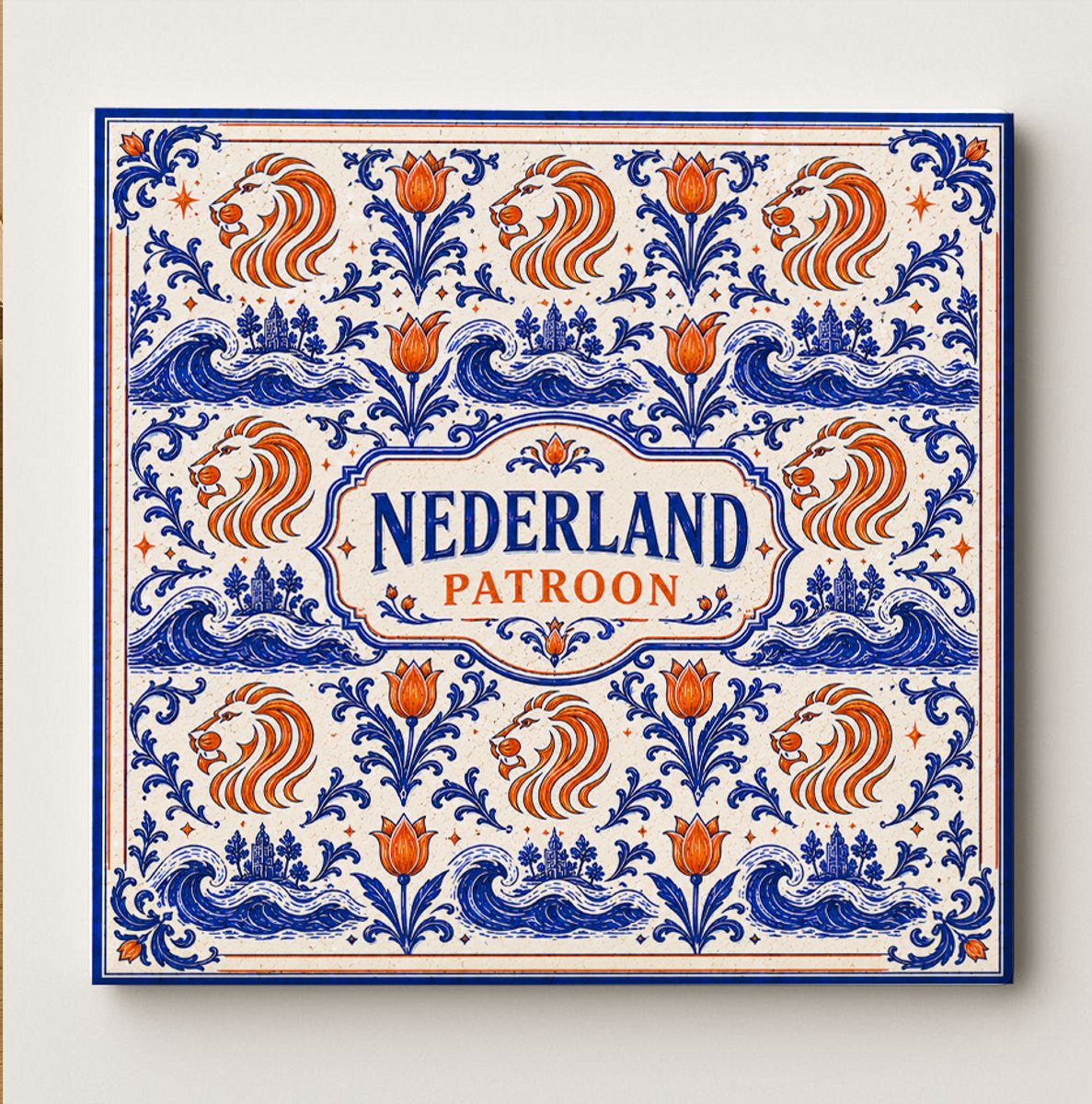 Bedruk King Nederland Patroon Decoratieve Keramische Tegel – Nederlandse Leeuw Tulp en Delfts Blauw Design – Oranje Blauw Wanddecoratie Tegel – Vaderlands Woondecoratie Cadeau Wit