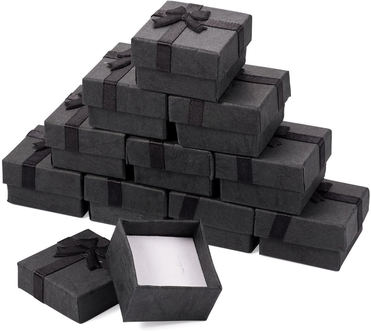 Dailygoody - Kartonnen Sieradendozen - Verpakking voor Ringen en Oorbellen - 12 Stuks - Zwart - Kleine Dozen met Strik - Perfect voor Opslag en Cadeaus