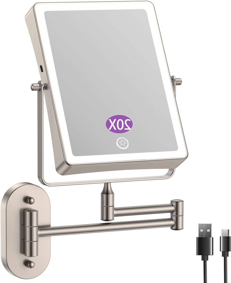 Oplaadbare Make-up Spiegel met 1X/20X Vergroting, 3 Dimbare Lichten, Touchscreen en 360° Rotatie voor Badkamer en Scheren