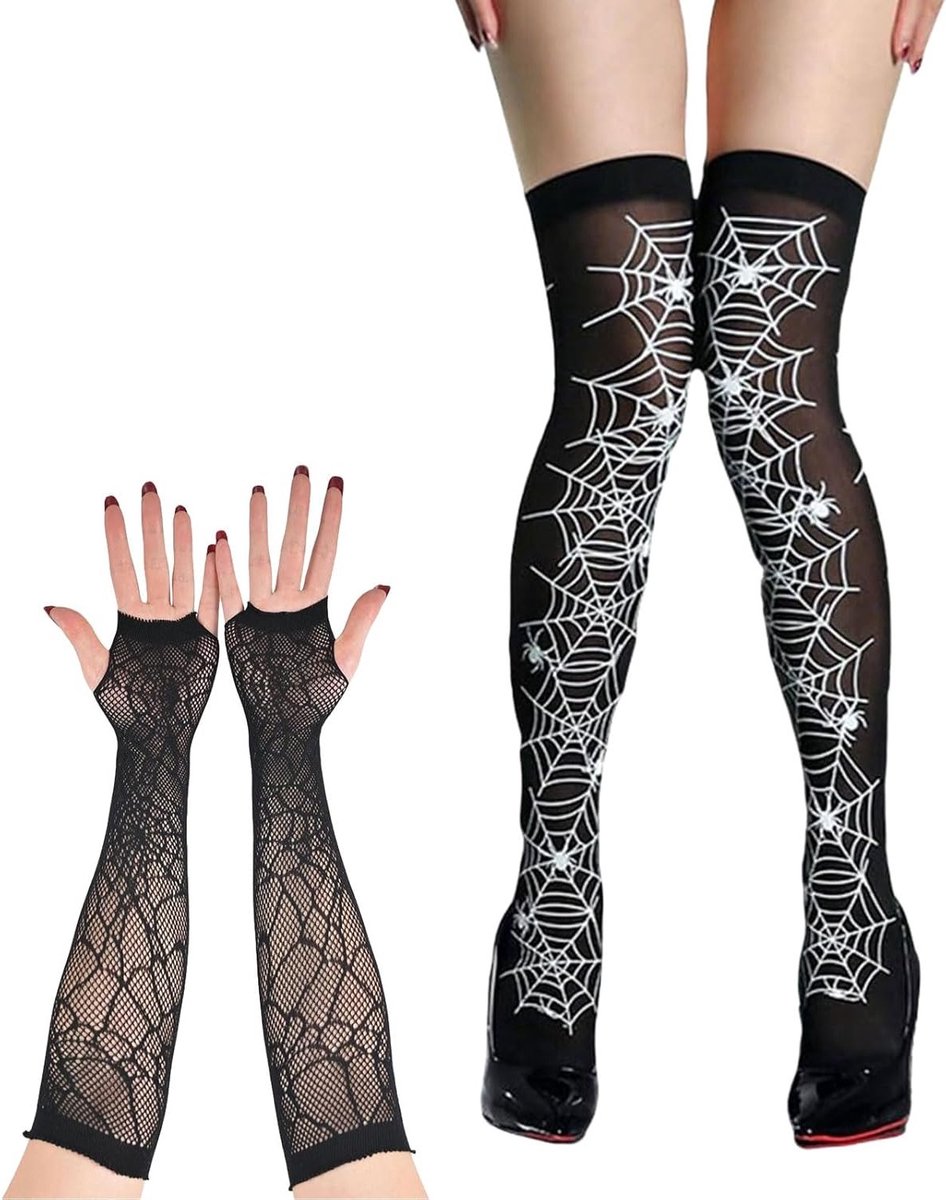 Halloween Kostuum Accessoires voor Vrouwen - 2 Paar Spinnen Panty en Handschoenen met Webdesign