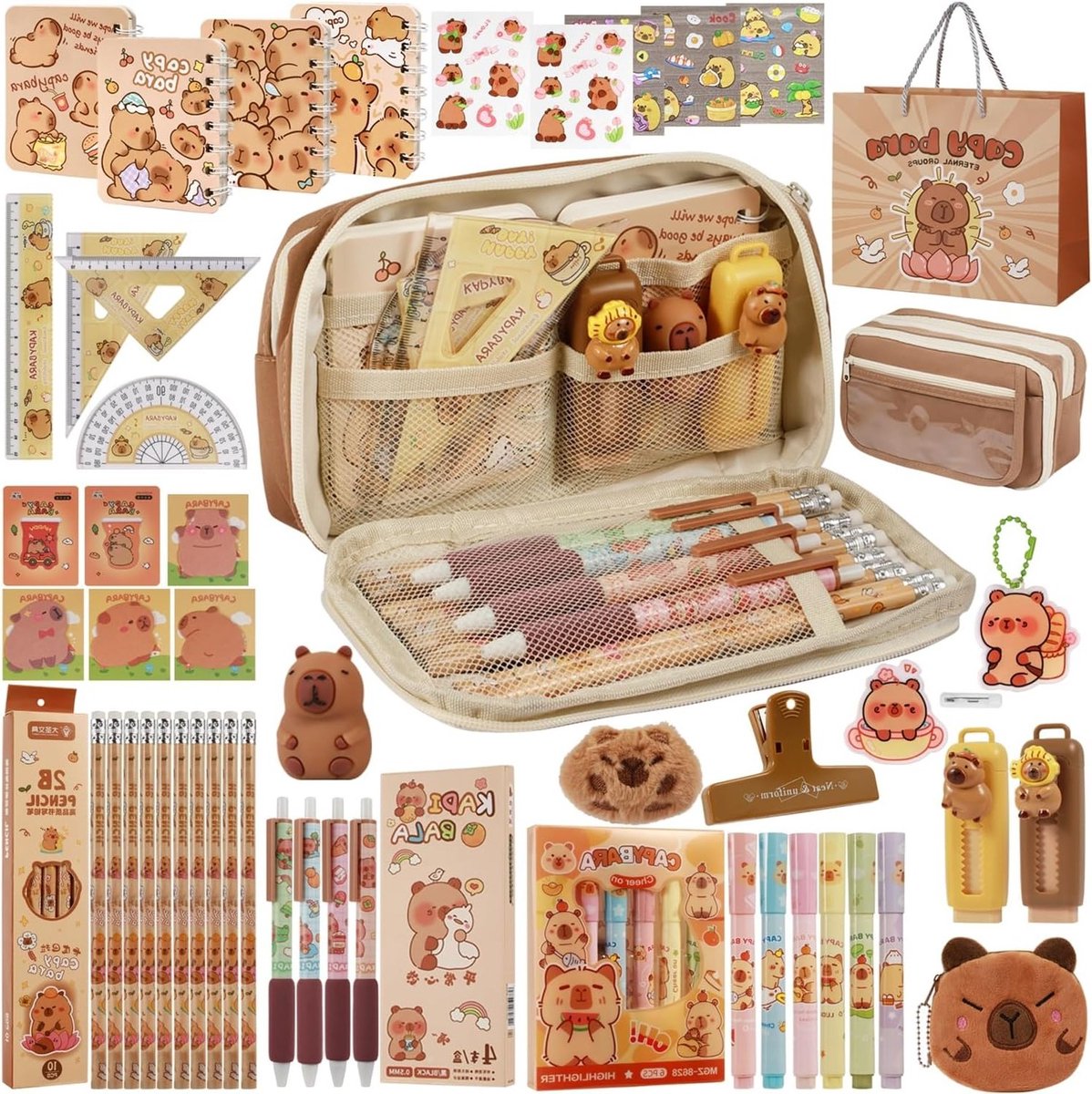Complete Capybara Stationery Set met Potloodetui, Notitieboek, Gelpen, Liniaal, Stickers en Plaknotities voor School, Kantoor en Kinderen, Perfect Cadeau voor Studenten
