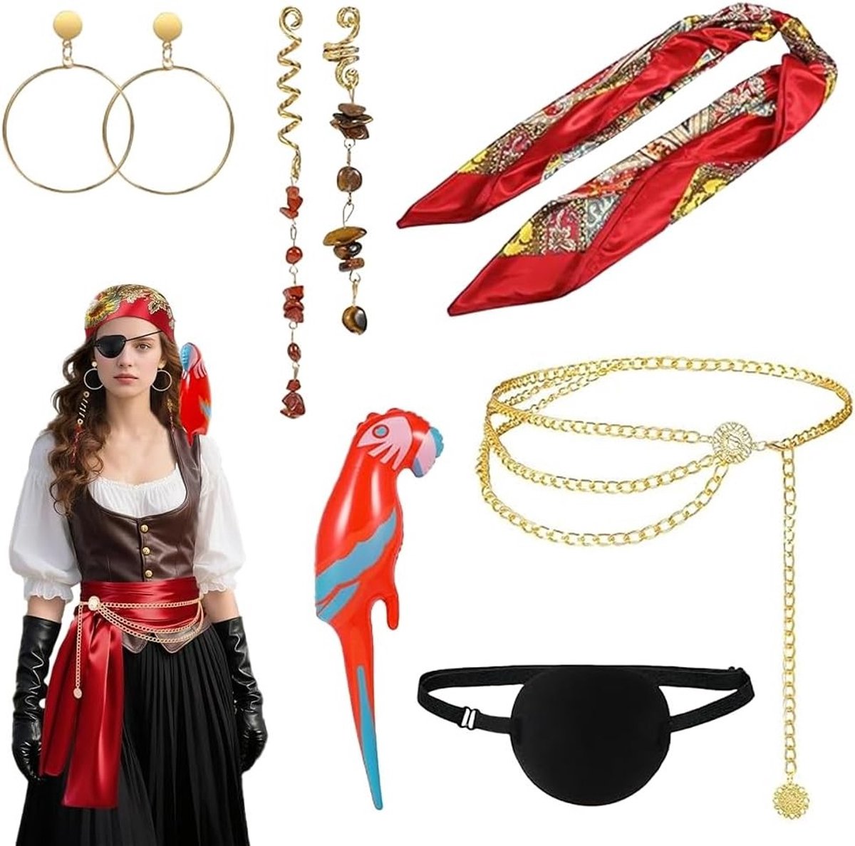 Complete Piratenkostuum Accessoires Set voor Dames met Hoofddoek, Ooglap en Sieraden - Inclusief Parrot, Corset en Haaraccessoires voor een Authentieke Piratenlook