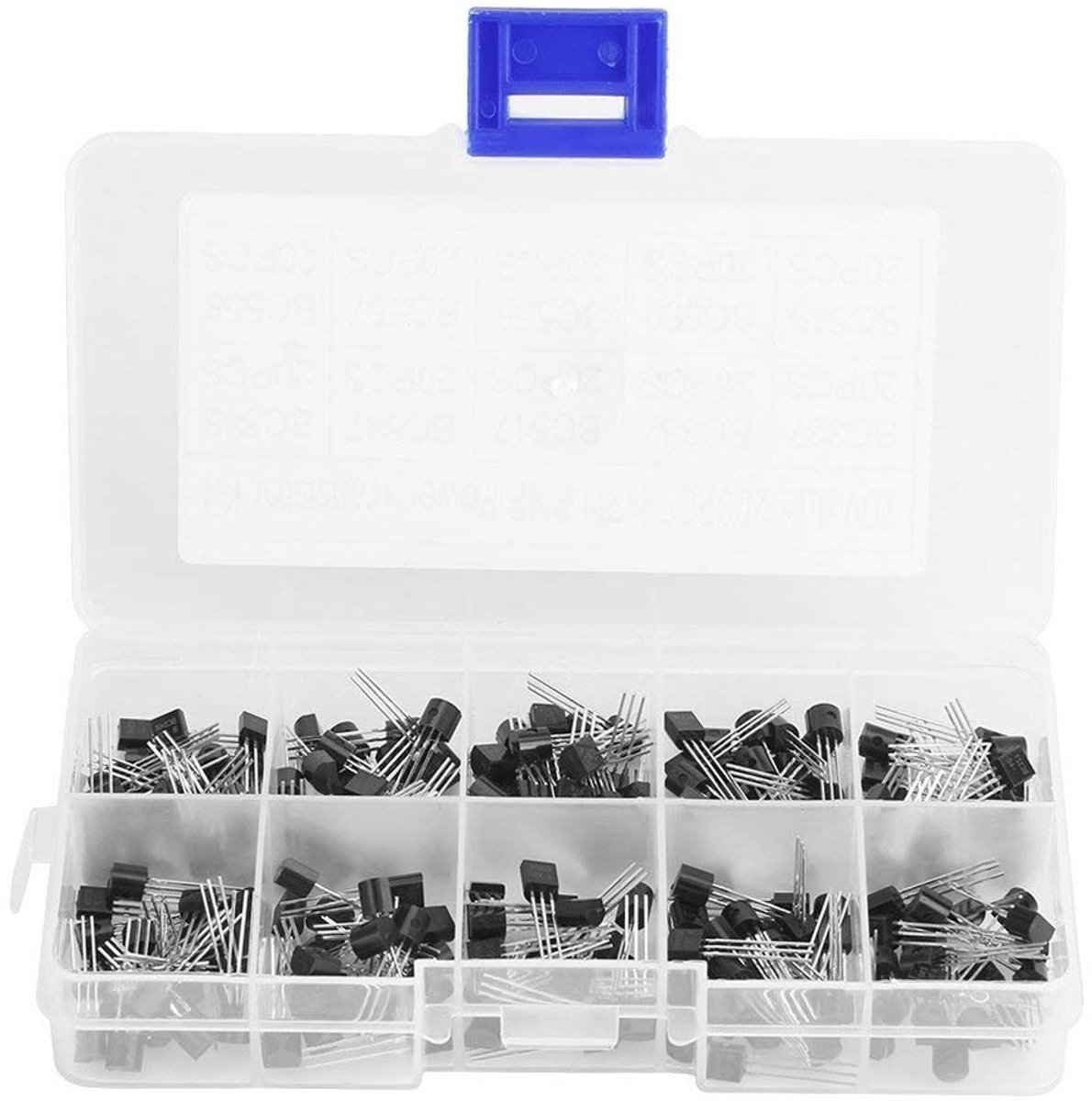 200 stuks NPN PNP transistoren assortiment kit met 10 verschillende waarden en transparante opbergdoos voor DIY projecten