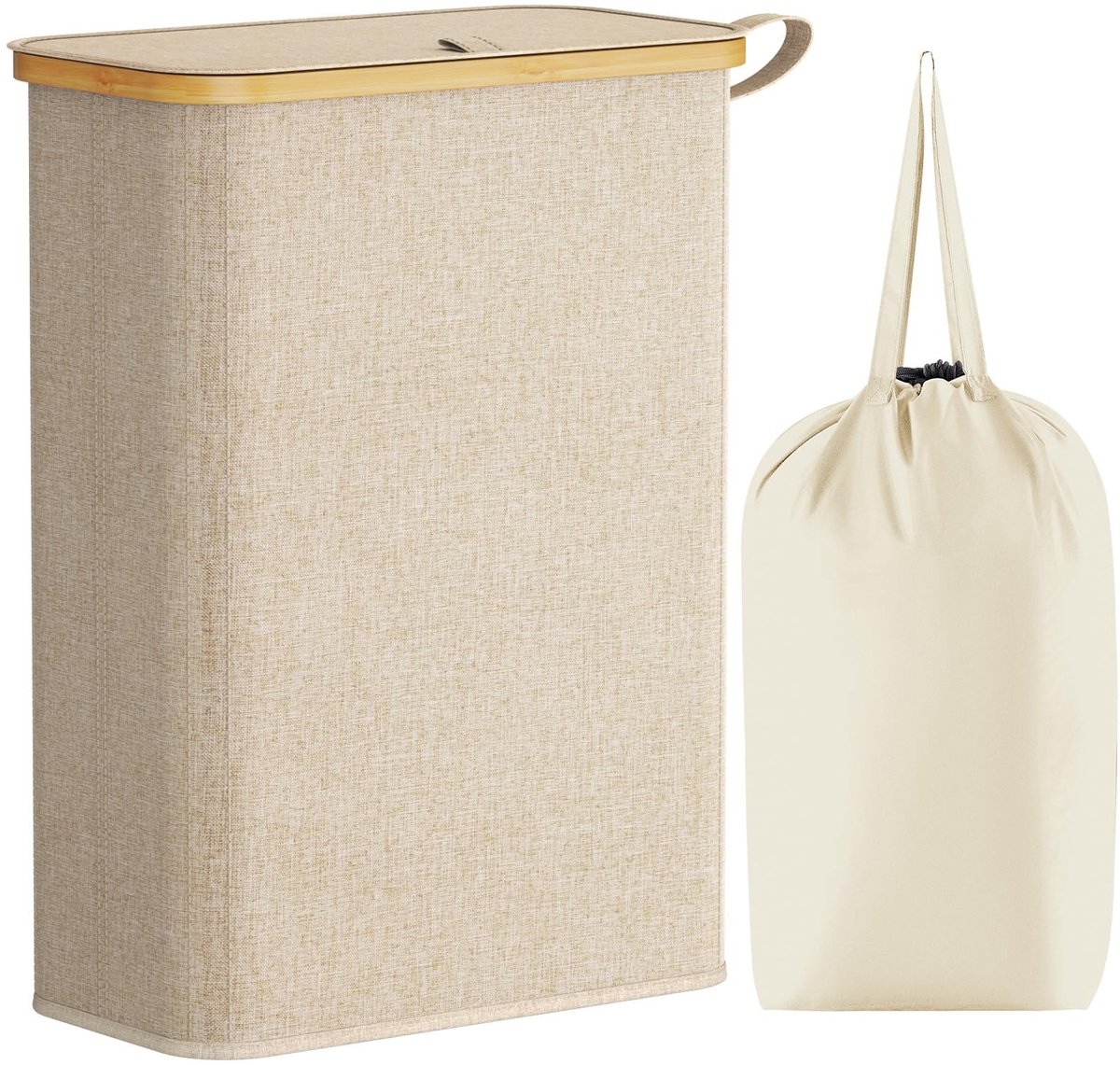 Dailygoods - Dailygoody - Slanke wasmand - 50L wasmand - Opvouwbaar en smal - Bamboe handgrepen - Efficiënte ruimtebesparing - Geschikt voor badkamer en slaapkamer
