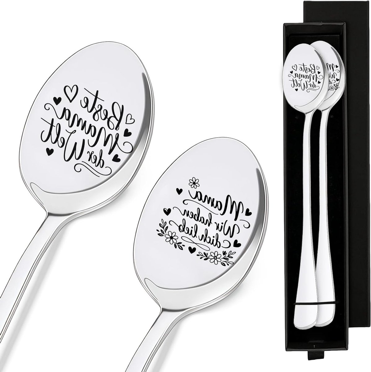 Set van 2 RVS Lepels met Gravure in Cadeaubox - Perfecte Cadeaus voor Moederdag, Verjaardag en Kerstmis