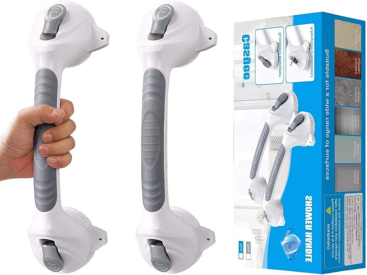 Verstelbare Suction Cup Douchehandgreep voor Senioren, 38 cm, Tot 110 kg, Antislip Badhandgreep, Veiligheidswaarschuwing, Draagbaar, Grijs, 2 Stuks