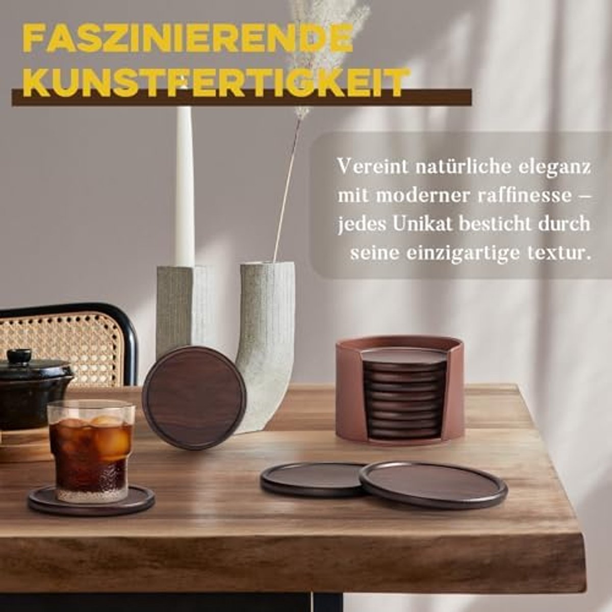GOH DODD Houten drankonderzetters met leren houder, 10,2 cm, 8 stuks, houten onderzetters, mokkenonderzetters, decoratie voor bar, keuken, thuis, woning, walnoothout