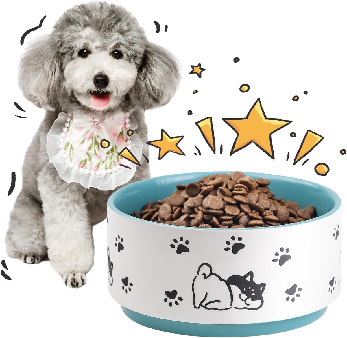 Voedings- en Waterbak voor Honden - Schattige Kom met Vrolijk Hondenmotief - Geschikt voor Kleine en Middelgrote Honden - Magnetron- en Vaatwasserbestendig - 900ml - Turquoise