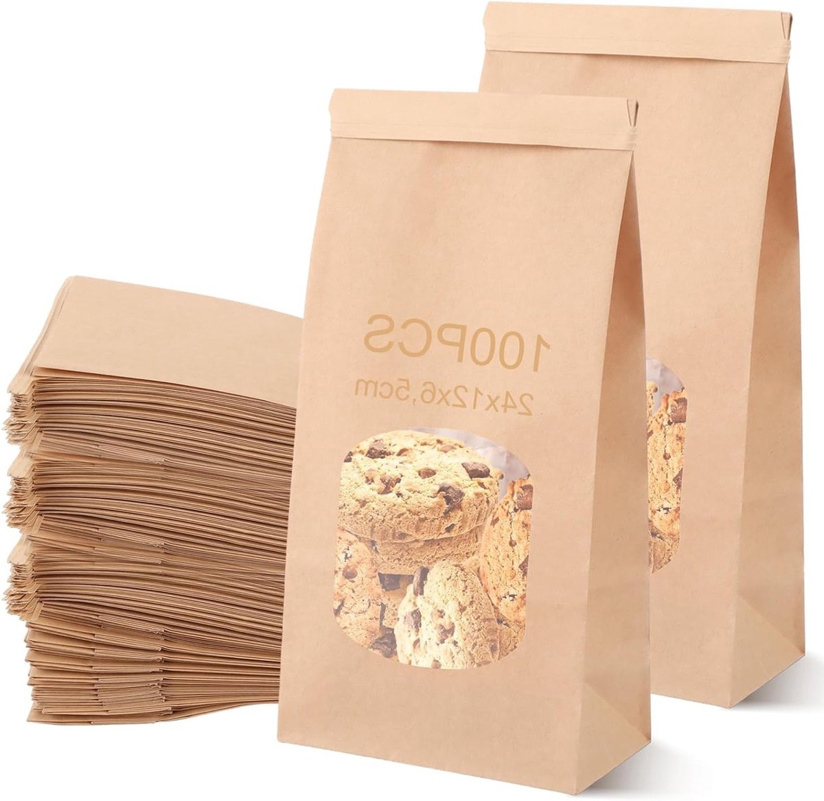 Set van 100 papieren zakken met venster, 24 x 12 x 6,5 cm, kleine zakken voor brood, koekjes en snoep, ideaal voor snacks en koffiebonen