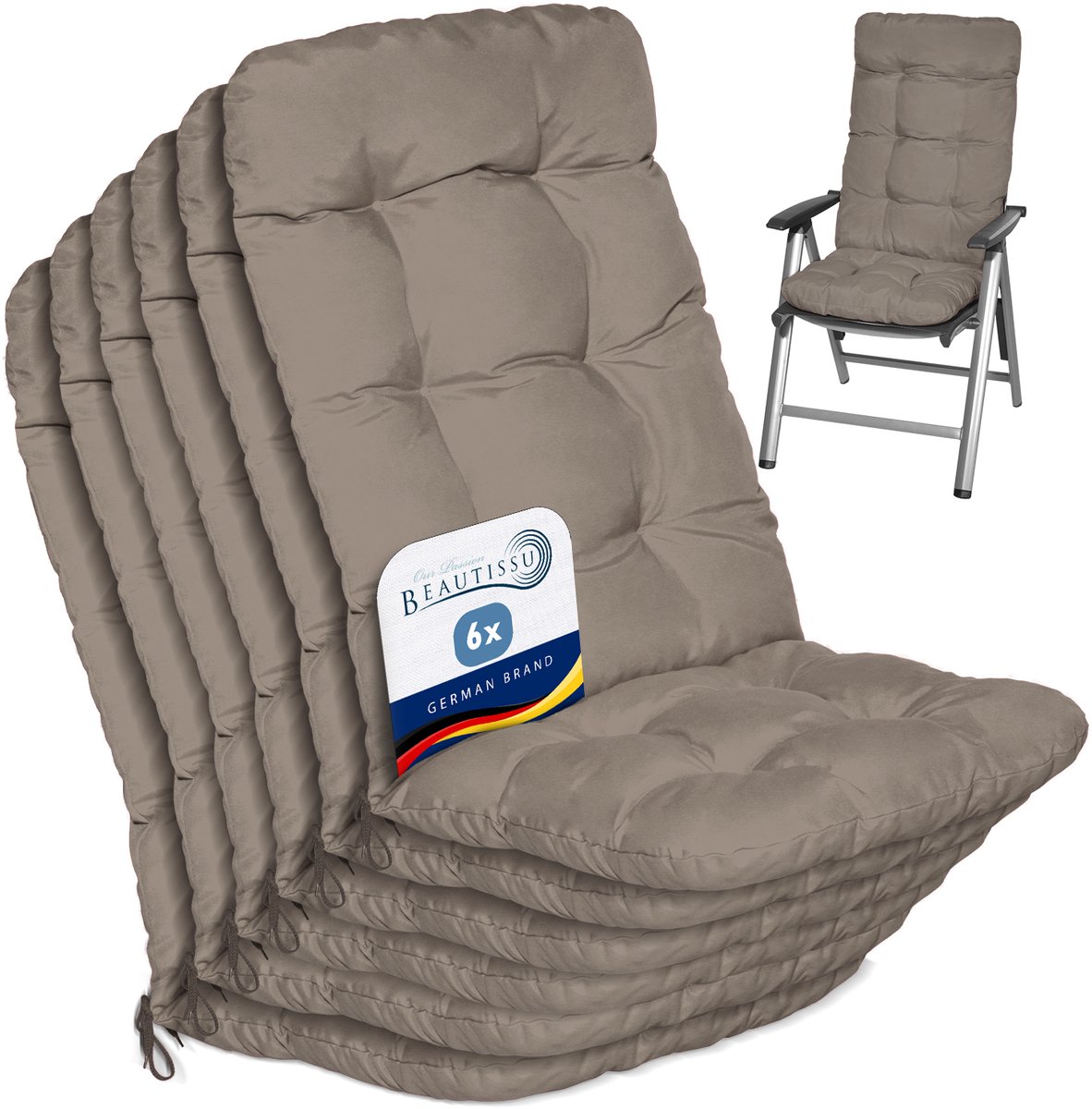 Beautissu Flair HL Stoelkussen Set 6x Hoge Rugleuning 120x50x8 cm Taupe – Tuinstoelkussen