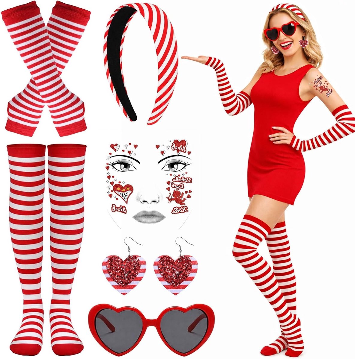 Carnaval Kostuum Hoofdband Rood Wit met Hart Bril, Handschoenen, Kousen, Oorbellen en Gezichts Tattoo voor Vrouwen - Perfect voor Feestdagen en Carnaval
