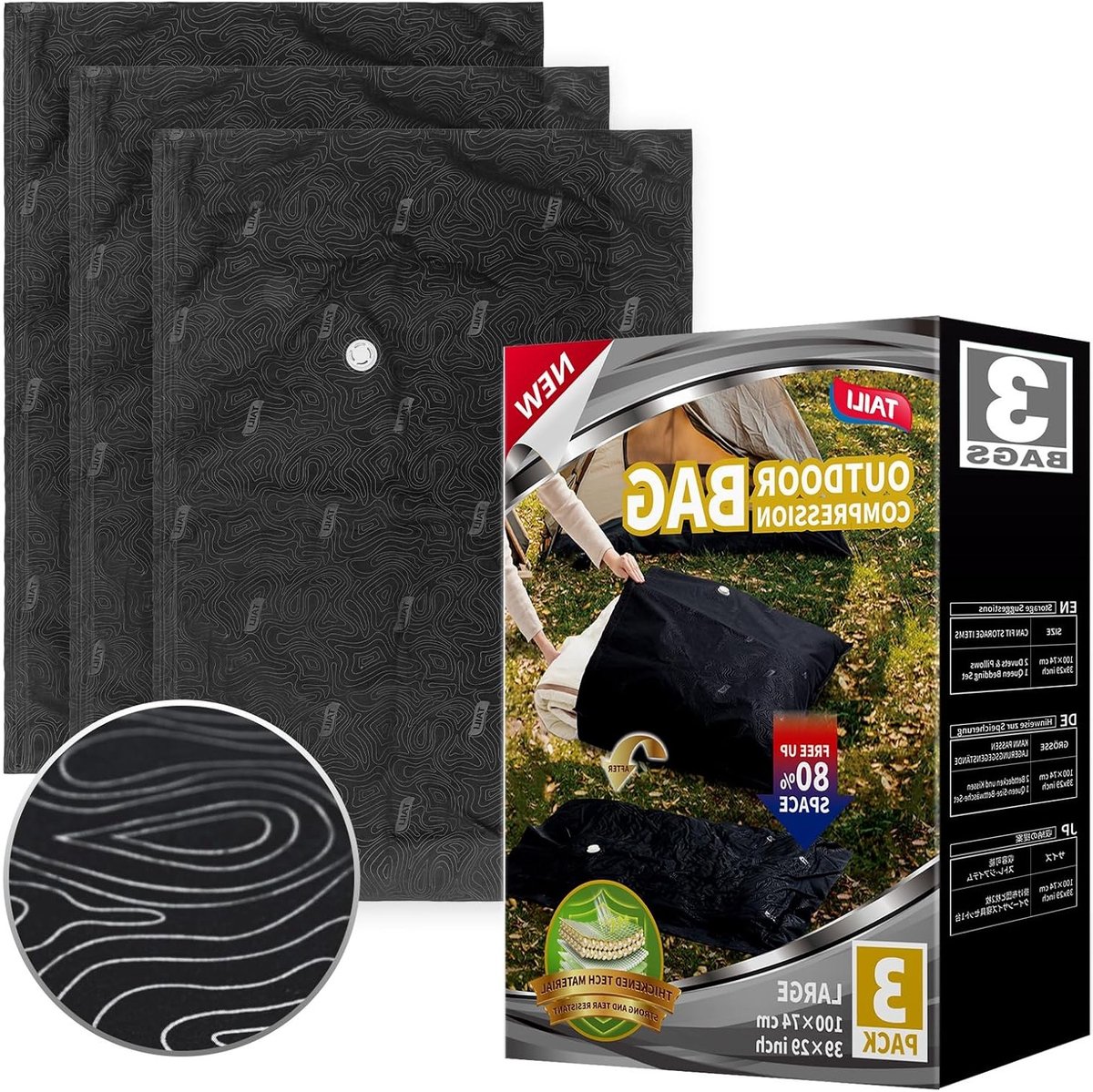 Set van 3 Grote Buitenstofzuigerzakken, Scheurvast en Herbruikbaar, Ideaal voor Kleding, Camping en Reis, Waterdicht en Duurzaam, 100 x 74 cm