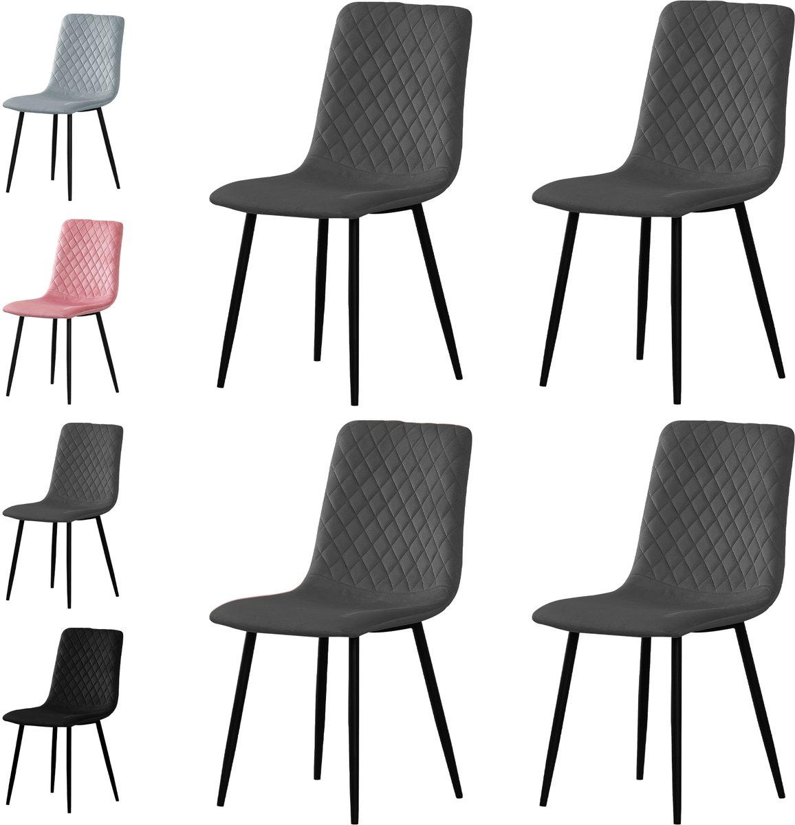 xDays Eetkamerstoelen Set van 4 Donkergrijs - Fluwelen Stoelen met Diamantpatroon - Metalen Poten - Ergonomisch - Krasbestendige Viltjes - 125 kg Draagvermogen