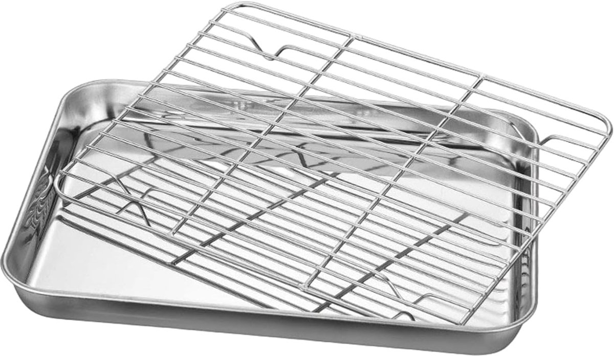Roestvrijstalen Bakplaat - Bakplaat met Rooster - Koken en Grillen - Antiaanbaklaag - 31.5 x 24.5 cm - Zilver