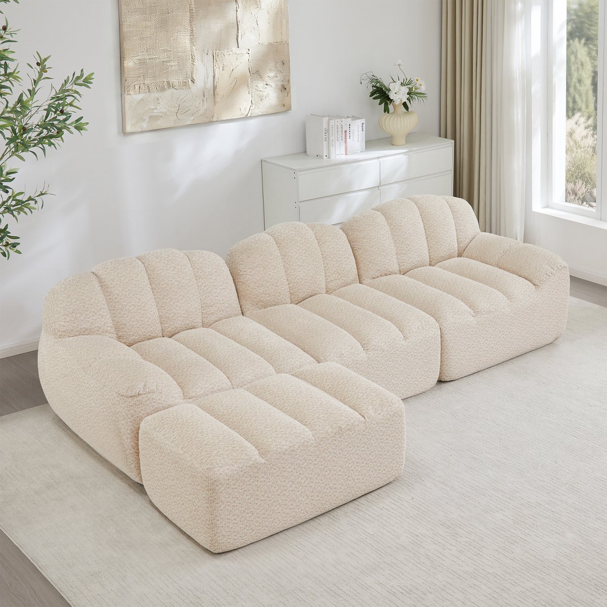 Wishdor Modulaire Hoekbank Met Ottoman - Diepe Zitting En Ergonomische Vorm - Voor Woonkamer - Zachte Fleecestof - Beige Wit