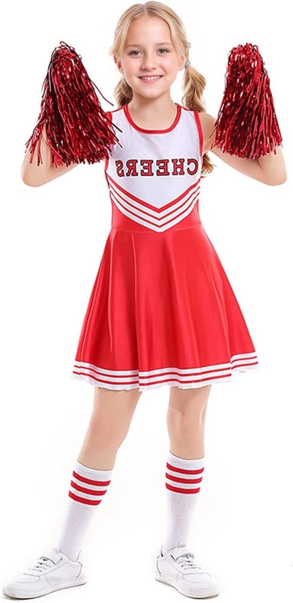 Meisjes Cheerleader Kostuum voor Schooltoneel met Pompoms en Sokken - Halloween Outfit voor Kinderen 4-12 Jaar