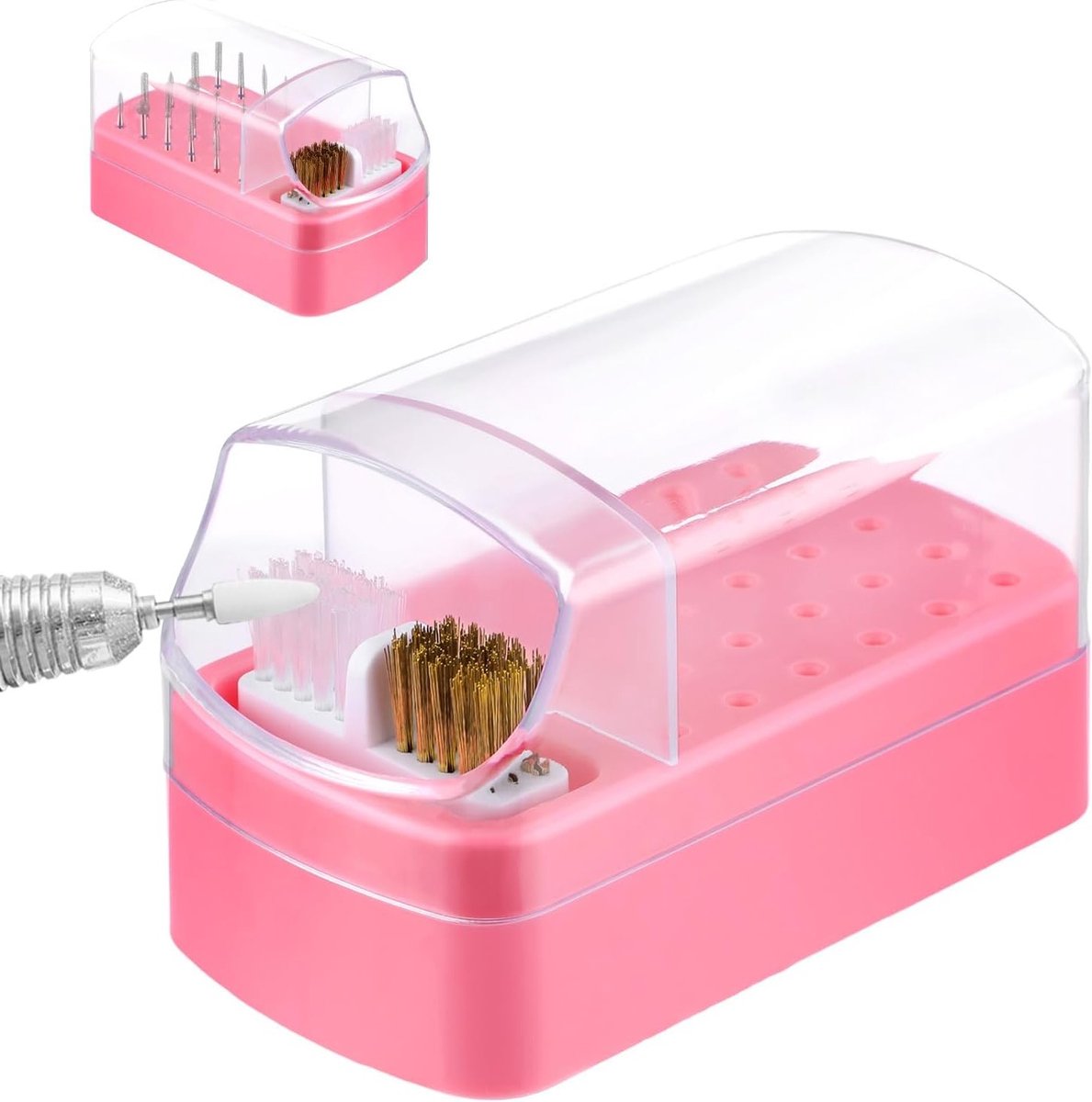 2-in-1 Nagelboor Bits Houder, Stofvrije Organizer voor Nagelbits, Schoonmaakborstel Deksel en Opbergdoos voor Manicure Tools (Roze)