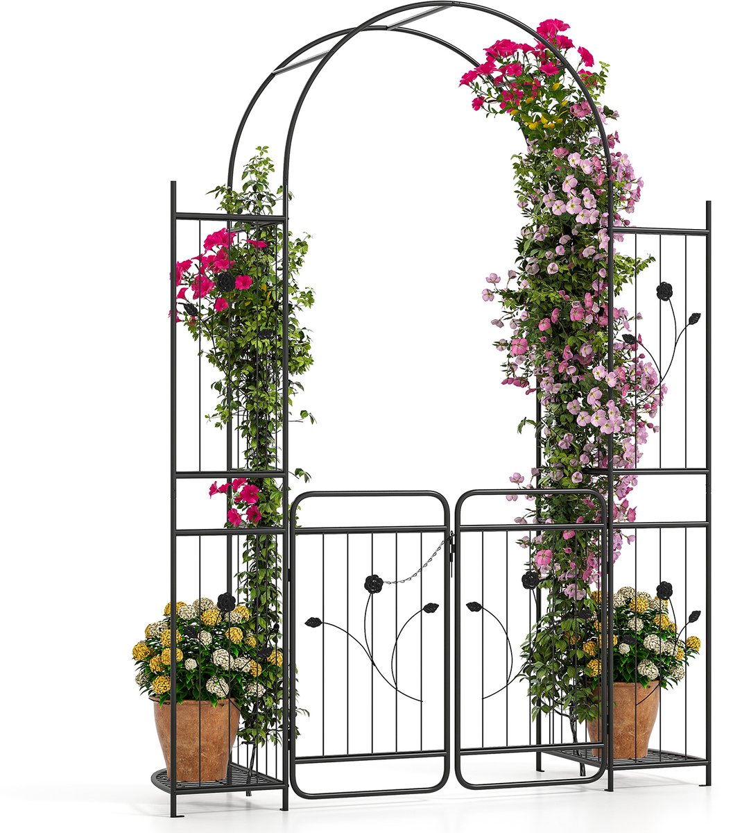 COSTWAY Rozenboog met deur, latwerk en 2 planken, tuinboog van metaal, stabiel, poortboog voor klimplanten, klimhulp, klimhulp, incl. grondpennen, voor bruiloftsfeesten, 163 x 50 x 220 cm