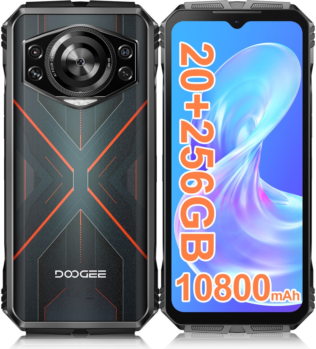 DOOGEE S Cyber - Robuuste smartphone - Smartphone - 20 GB RAM + 256 GB ROM (2 TB/TF) - 10800 mAh - 6,58" FHD+ 90 Hz-scherm - 50 MP AI-camera - IP68/IP69K waterdicht en schokbestendig - Android 14 - NFC & OTG - Rood